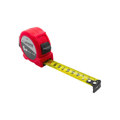 Flexómetro Veker de 5 metros x 19mm con cinta amarilla y carcasa roja resistente para medición profesional