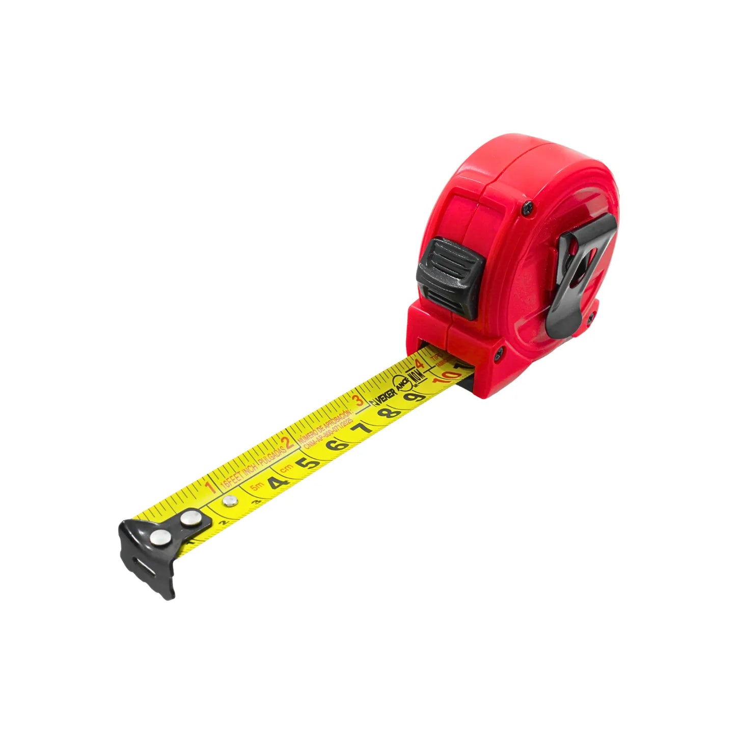 Flexómetro retráctil Veker rojo de 5 metros con cinta amarilla graduada en pulgadas y centímetros para construcción.