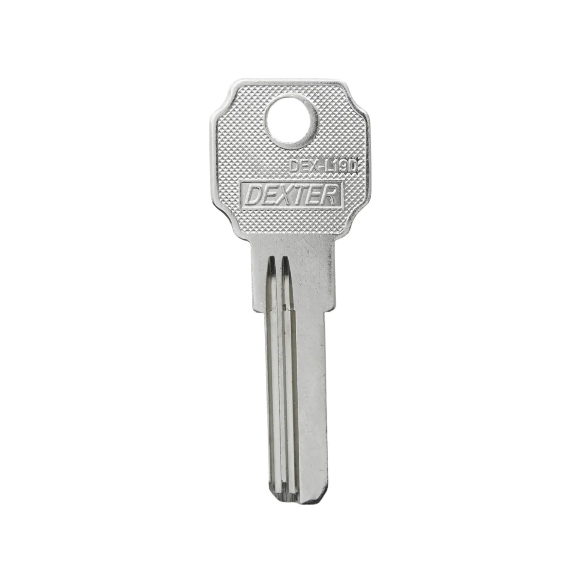 Llave en bruto Dexter DEX-L19D de metal plateado para duplicados y cerrajería profesional.
