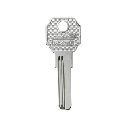 Llave en bruto Dexter DEX-L19D de metal plateado para duplicados y cerrajería profesional.