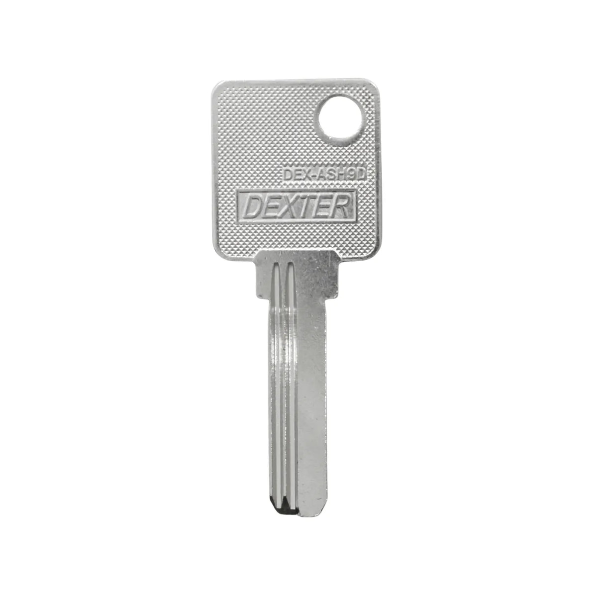 Llave Dexter plateada modelo DEX-ASH9D virgen de cabeza cuadrada para duplicados y cerrajería profesional.