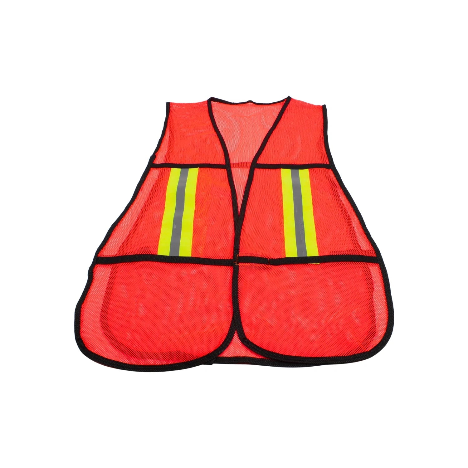 Chaleco de seguridad naranja de malla con bandas reflejantes amarillas y grises para alta visibilidad en entornos laborales