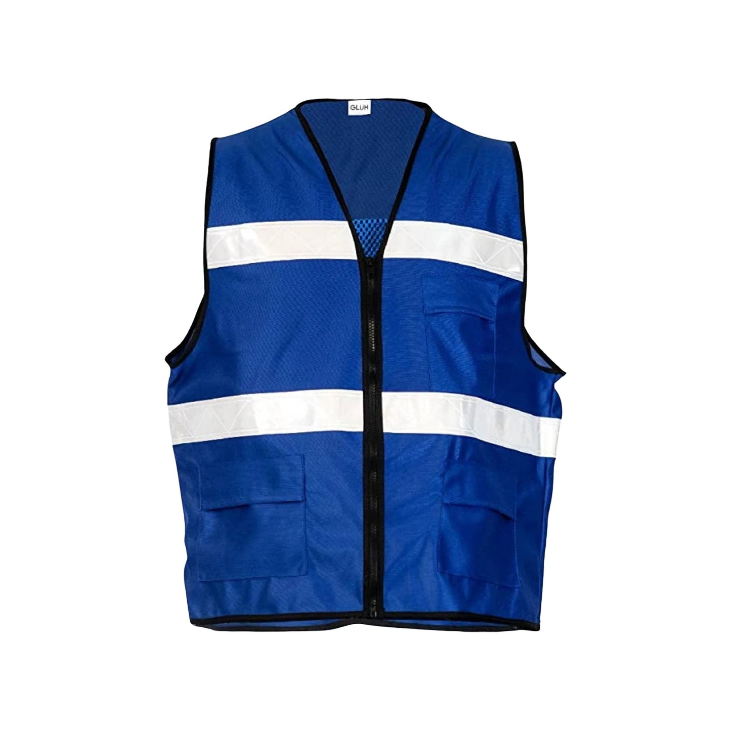 Chaleco de seguridad GLUH azul con bandas reflectantes blancas, cremallera frontal, bolsillos y malla transpirable.