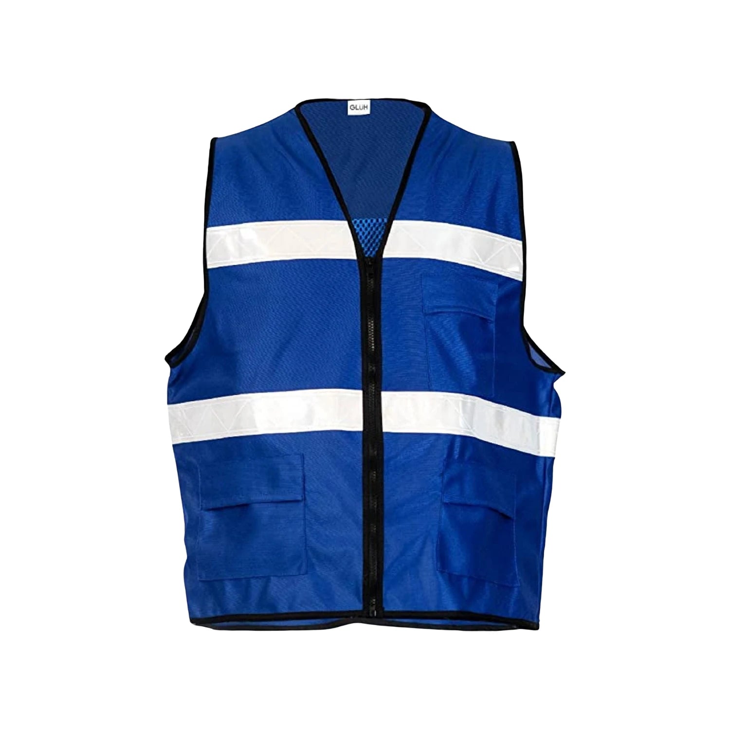 Chaleco de seguridad GLUH azul con bandas reflectantes blancas, cremallera frontal, bolsillos y malla transpirable.