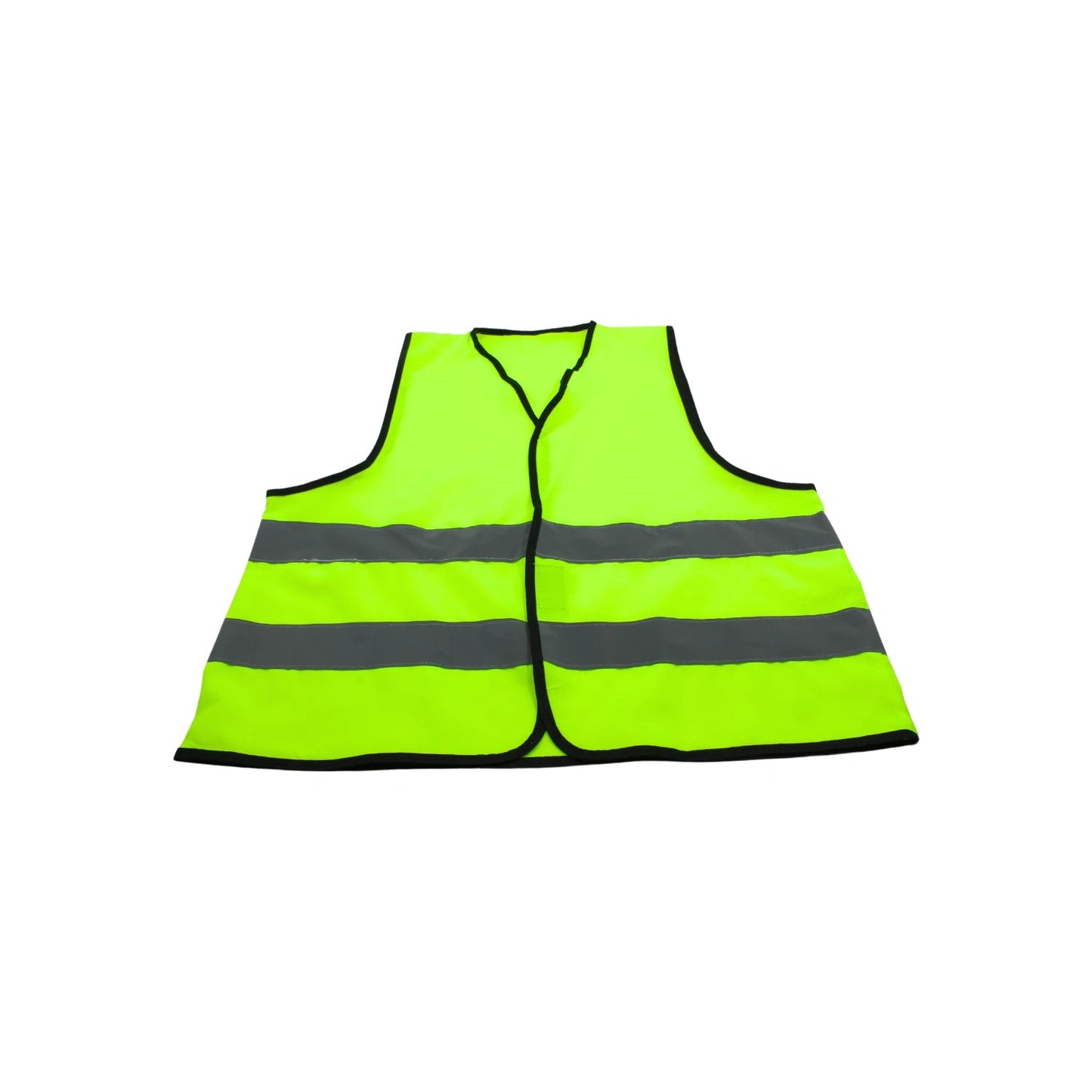 Chaleco de seguridad amarillo fluorescente con bandas reflectantes grises, alta visibilidad para obra o tráfico.