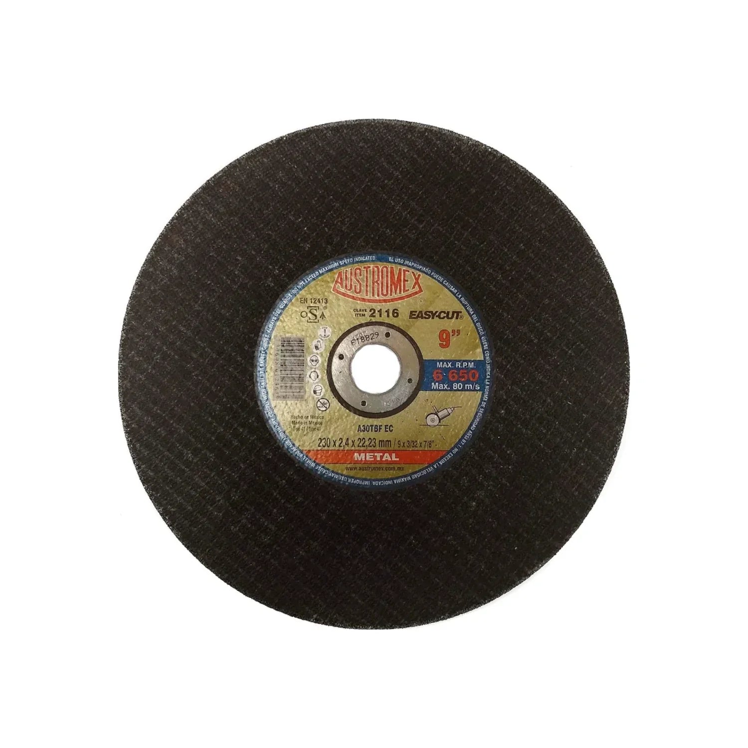 Elaborado con óxido de aluminio.,Corte metal.,Diámetro: 9"(228.6 mm).,Eje: 7/8"(22.23 mm).,Espesor: 3/32" (2.4 mm).,Tipo 41,Velocidad 6650 RPM,No utilice en cortes curvos.,No utilice para operaciones de desbaste.,Usar guantes y lentes de protección al momento de su uso.