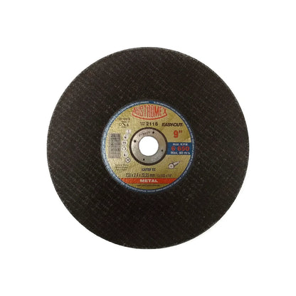 Elaborado con óxido de aluminio.,Corte metal.,Diámetro: 9"(228.6 mm).,Eje: 7/8"(22.23 mm).,Espesor: 3/32" (2.4 mm).,Tipo 41,Velocidad 6650 RPM,No utilice en cortes curvos.,No utilice para operaciones de desbaste.,Usar guantes y lentes de protección al momento de su uso.