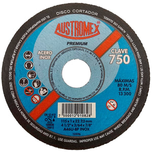 Elaborado con óxido de aluminio.,Corte de acero inoxidable.,Diámetro: 4 1/2"(114 mm).,Eje: 7/8"(22.23 mm).,Espesor: 3/64"(1 mm).,Velocidad 13300 RPM,No utilice para operaciones de desbaste.,Para corte rápido de metal con un mínimo de rebaba.,Usar guantes y lentes de protección al momento de su uso.