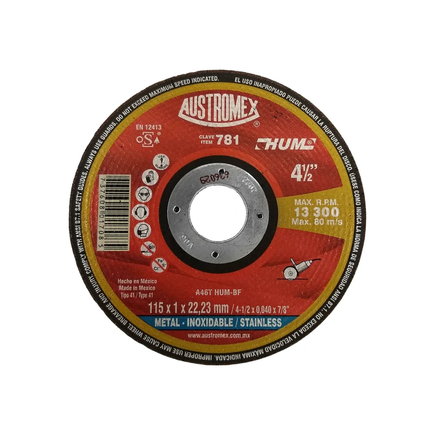 Elaborado con óxido de aluminio.,Corte metal e inoxidable.,Corte metal e inoxidable.,Diámetro: 4 1/2"(114 mm).,Eje: 7/8"(22.23 mm).,Espesor: 3/64"(1 mm).,Tipo 41,Velocidad 13300 RPM,Excelente relación precio-rendimiento.,La mejor opción cuando el precio es el factor más importante.,Usar guantes y lentes de protección al momento de su uso.