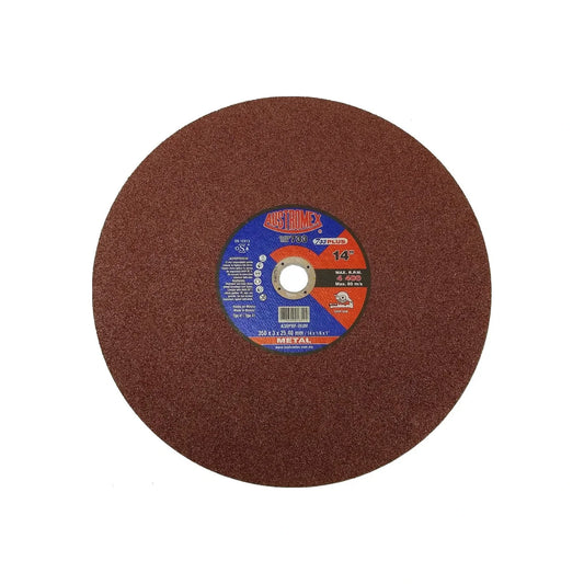 Fabricado de óxido de aluminio.,Corte metal.,Diámetro: 14"(350 mm).,Eje: 1"(25.40 mm).,Espesor: 3 mm,Tipo 41,Velocidad 4400 RPM,Recomendado para el corte de materiales de metal sólido como: barras circulares o cuadradas y soleras.,Usar guantes y lentes de protección al momento de su uso.