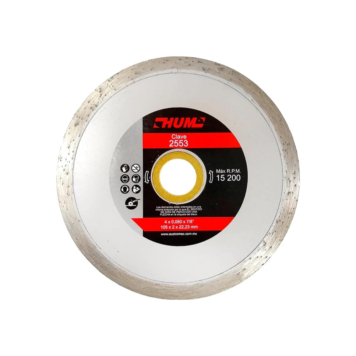Disco de diamante de rín continuo.,Corte de materiales de construcción en general.,Diámetro: 4"(102 mm).,Eje: 7/8"(22.23 mm).,Espesor: 2 mm,Velocidad 15200 RPM,Uso no intensivo.,Corte de loseta, cerámica, porcelanato y materiales duros.,Usar guantes y lentes de protección al momento de su uso.