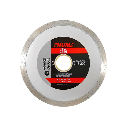 Disco diamantado rín continuo.,Corte para materiales de construcción.,Diámetro: 4 1/2"(114 mm).,Eje: 7/8"(22.23 mm).,Espesor: 2 mm,Velocidad 13200 RPM,Uso no intensivo.,Ideal para corte de loseta, cerámica, porcelanato y materiales duros.,Usar guantes y lentes de protección al momento de su uso.