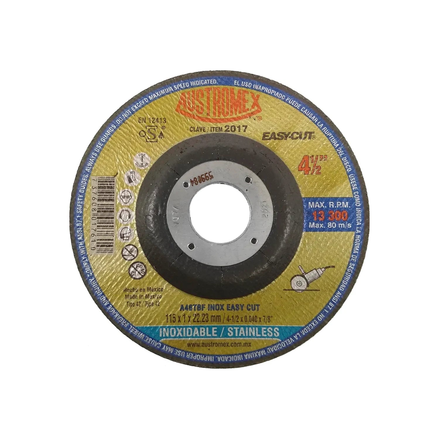Disco de corte Austromex 2017 de 4-1/2 pulgadas para acero inoxidable, alta velocidad, corte fino