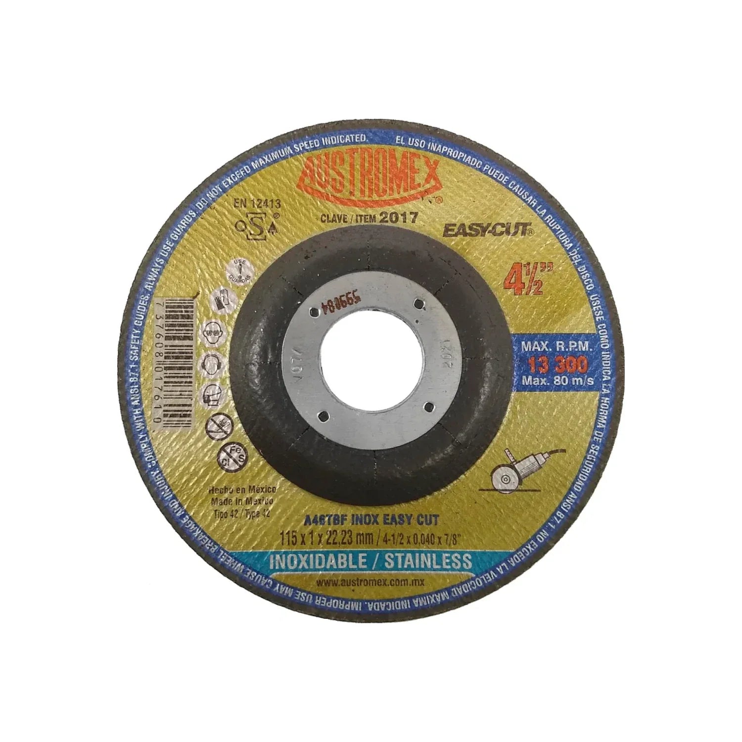 Elaborado con óxido de aluminio.,Corte metal.,Diámetro: 4 1/2"(114 mm).,Eje: 7/8"(22.23 mm).,Espesor: 3/64" (1 mm).,Tipo 42,Velocidad 13300 RPM,Para corte súper preciso.,Ideal para corte de barra lamina y solera de acero inoxidable.,Usar guantes y lentes de protección al momento de su uso.