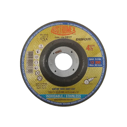 Elaborado con óxido de aluminio.,Corte metal.,Diámetro: 4 1/2"(114 mm).,Eje: 7/8"(22.23 mm).,Espesor: 3/64" (1 mm).,Tipo 42,Velocidad 13300 RPM,Para corte súper preciso.,Ideal para corte de barra lamina y solera de acero inoxidable.,Usar guantes y lentes de protección al momento de su uso.