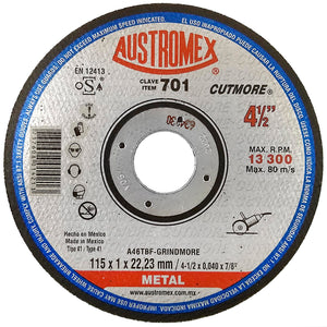 Elaborado con óxido de aluminio.,Corte metal.,Diámetro: 4 1/2"(114 mm).,Eje: 7/8"(22.23 mm).,Espesor: 3/64"(1 mm).,Tipo 41,Velocidad 13300 RPM,Nunca utilizar el disco mojado.,Usar guantes y lentes de protección al momento de su uso.