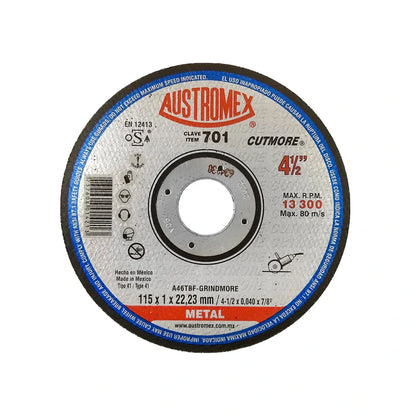 Elaborado con óxido de aluminio.,Corte metal.,Diámetro: 4 1/2"(114 mm).,Eje: 7/8"(22.23 mm).,Espesor: 3/64"(1 mm).,Tipo 41,Velocidad 13300 RPM,Nunca utilizar el disco mojado.,Usar guantes y lentes de protección al momento de su uso.