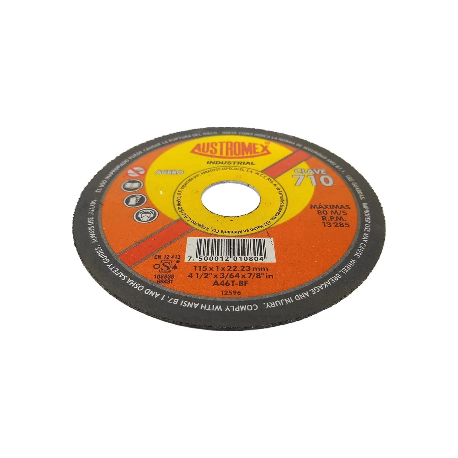 Disco de corte Austromex 710 para metal y acero, 4 1/2 pulgadas, abrasivo, naranja, uso industrial.