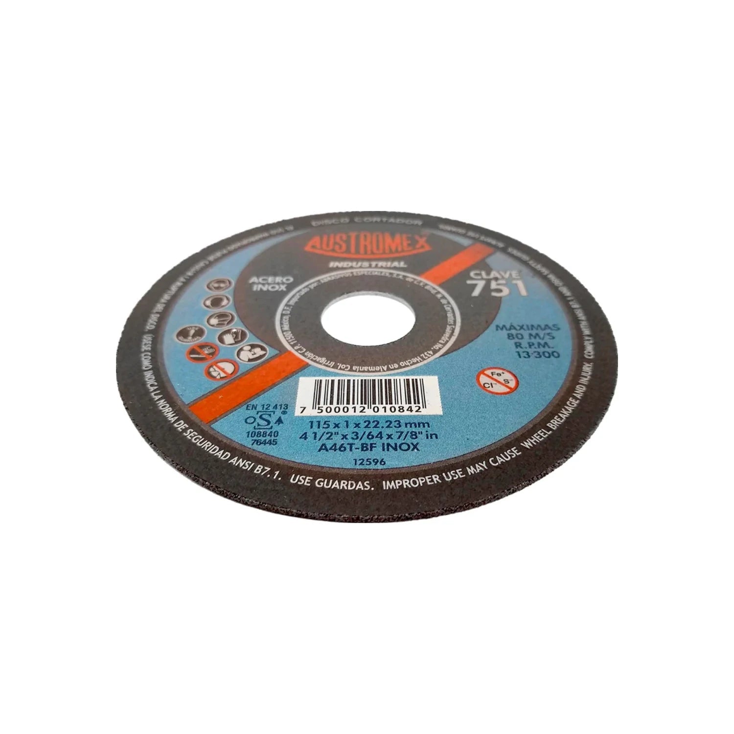 Disco de corte Austromex 751 de 4 1/2" (115mm) para acero inoxidable, grado industrial, 13300 RPM