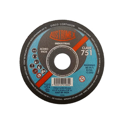 Disco de corte abrasivo Austromex 4 1/2" para acero inoxidable y acero, industrial 751, 13300 RPM