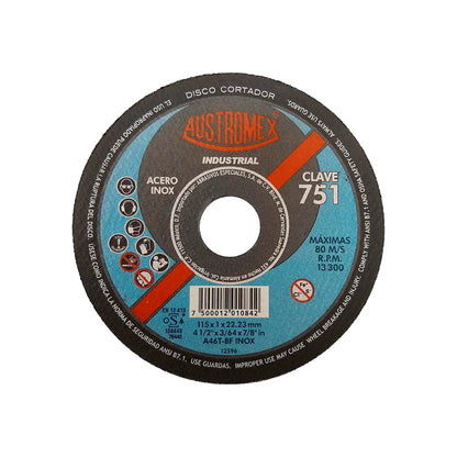 Elaborado con óxido de aluminio.,Corte de acero inoxidable.,Diámetro: 4 1/2"(114 mm).,Eje: 7/8"(22.23 mm).,Espesor: 3/64"(1 mm).,Velocidad 13300 RPM,Utilice en una esmeriladora angular.,Para corte súper preciso de acero inoxidable.,Usar guantes y lentes de protección al momento de su uso.