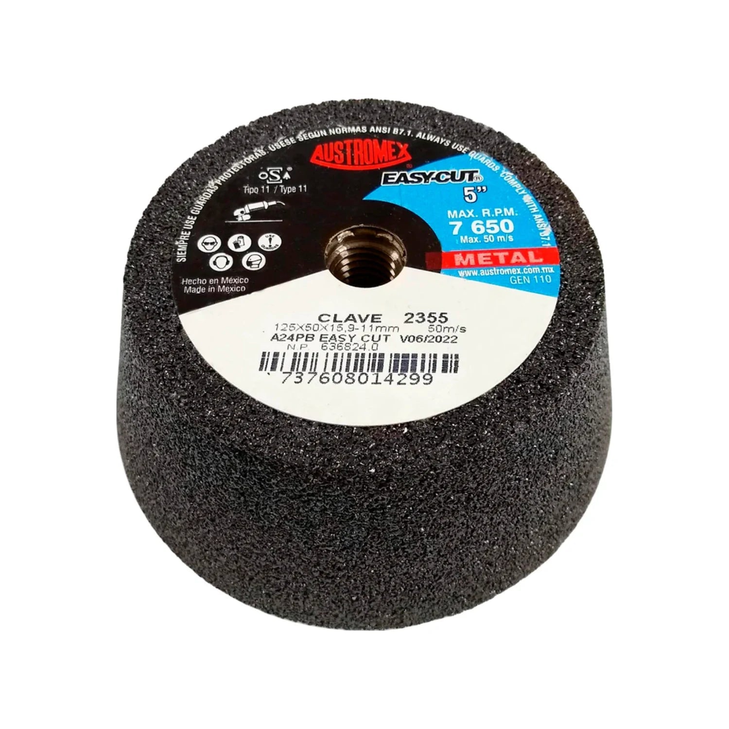 Esmeril de copa Austromex Easy-Cut 5" A24PB para desbaste de metal, 7650 RPM, tipo 11, clave 2355