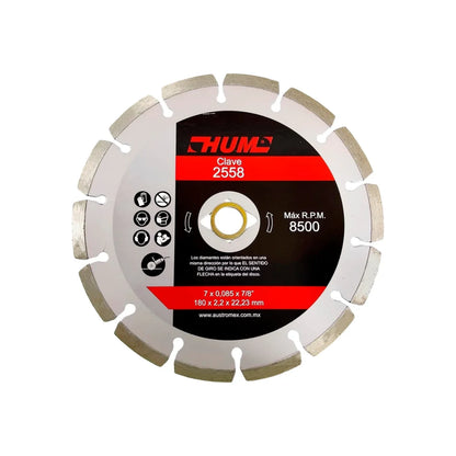 Disco diamantado rin segmentado.,Corte para materiales de construcción.,Diámetro: 7"(180 mm,Eje: 7/8"(22.23 mm).,Espesor: 2.2 mm,Velocidad 8500 RPM,Ideal para concreto, mármol, granito o cantera.,Uso no intensivo.,La mejor relación precio-rendimiento.,Usar guantes y lentes de protección al momento de su uso. 