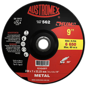 Elaborado con óxido de aluminio.,Desbaste de metal.,Diámetro: 9"(228.6 mm).,Eje: 7/8"(22.23 mm).,Espesor: 1/4"(6 mm).,Velocidad 6650 RPM,Tipo 27,Utilice en una esmeriladora angular.,Se requiere adaptador para el correcto montaje de disco para centro deprimido.,Usar guantes y lentes de protección al momento de su uso.