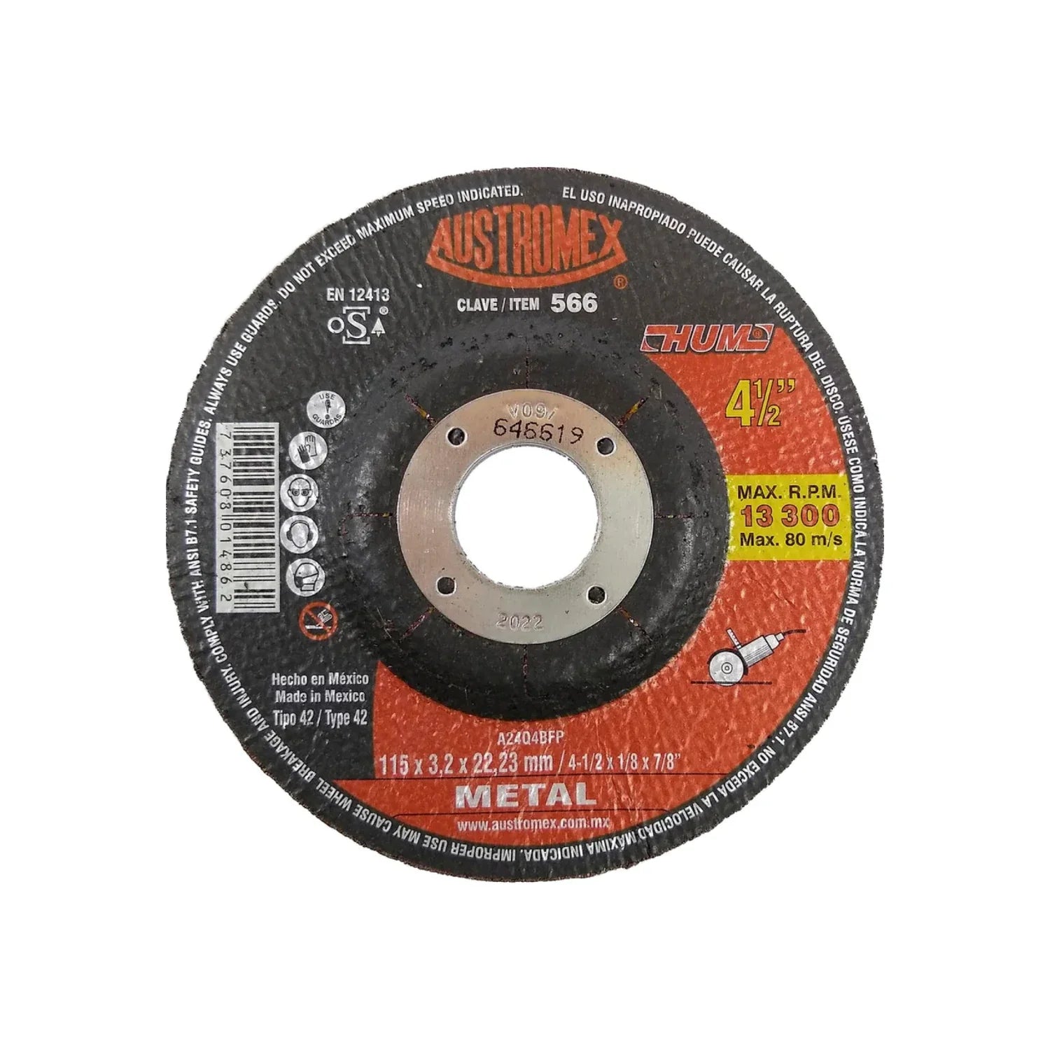 Elaborado con óxido de aluminio.,Corte metal.,Diámetro: 4 1/2"(114 mm).,Eje: 7/8"(22.23 mm).,Espesor: 1/8"(3.2 mm).,Tipo 42,Velocidad 13300 RPM,Nunca utilizar el disco mojado.,Usar guantes y lentes de protección al momento de su uso.
