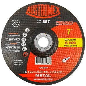 Elaborado con óxido de aluminio.,Corte metal.,Diámetro: 7"(180 mm).,Eje: 7/8"(22.23 mm).,Espesor: 1/8"(3.2 mm).,Tipo 42,Velocidad 8500 RPM,No utilice para operaciones de desbaste.,Se requiere adaptador para el correcto montaje de disco para centro deprimido.,Usar guantes y lentes de protección al momento de su uso. 