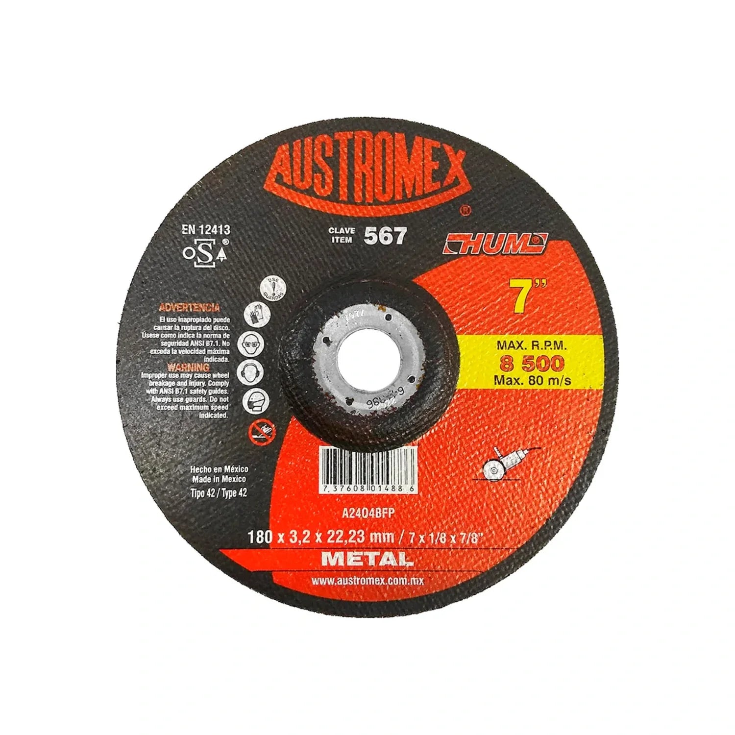 Elaborado con óxido de aluminio.,Corte metal.,Diámetro: 7"(180 mm).,Eje: 7/8"(22.23 mm).,Espesor: 1/8"(3.2 mm).,Tipo 42,Velocidad 8500 RPM,No utilice para operaciones de desbaste.,Se requiere adaptador para el correcto montaje de disco para centro deprimido.,Usar guantes y lentes de protección al momento de su uso. 