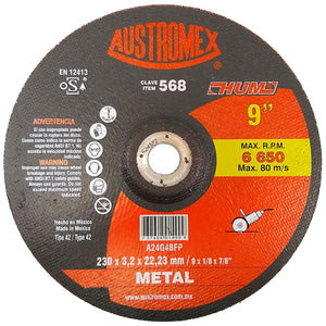 Elaborado con óxido de aluminio.,Corte metal.,Diámetro: 9"(228.6 mm).,Eje: 7/8"(22.23 mm).,Espesor: 1/8" (3.2 mm).,Tipo 42,Velocidad 6650 RPM,No utilice para operaciones de desbaste.,Se requiere adaptador para el correcto montaje de disco para centro deprimido.,Usar guantes y lentes de protección al momento de su uso.