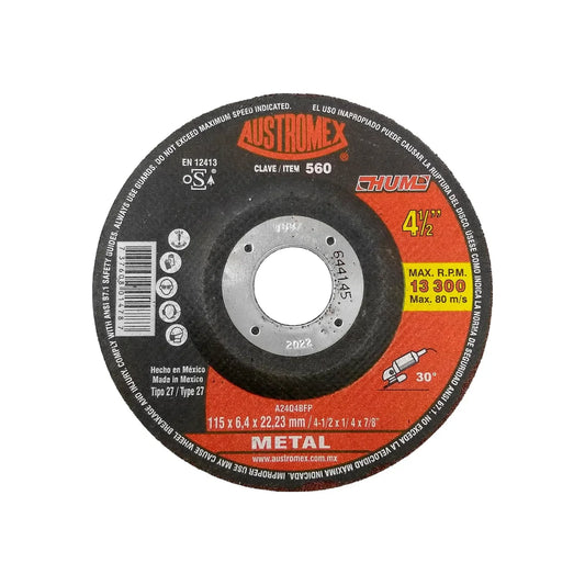 Elaborado con óxido de aluminio.,Desbaste metal.,Diámetro: 4 1/2"(114 mm).,Eje: 7/8"(22.23 mm).,Espesor: 1/4"(6 mm).,Tipo 27,Velocidad 13300 RPM,Excelente rendimiento con refuerzo de 4 mallas.,Disco para desbaste con centro deprimido.,No utilice para operaciones de corte.,Usar guantes y lentes de protección al momento de su uso.