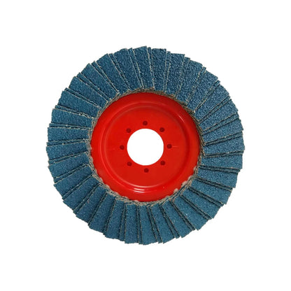 Disco laminado abrasivo azul 4 1/2" grano 40 para desbaste y lijado en metal con centro rojo.
