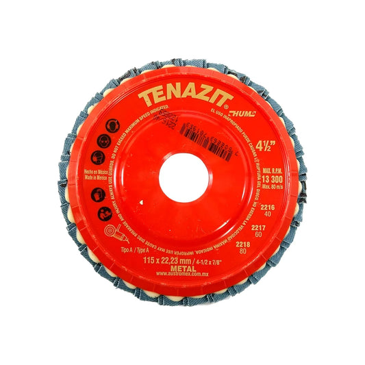 Elaborado con zirconio y óxido de aluminio.,Diámetro: 4 1/2"(114 mm).,Eje: 7/8"(22.23 mm).,Velocidad 13300 RPM,Disco laminado grano 40,Respaldo de plástico ABS,Para desbaste rápido de acero inoxidable acero al carbón y soldadura.,Usar guantes y lentes de protección al momento de su uso.