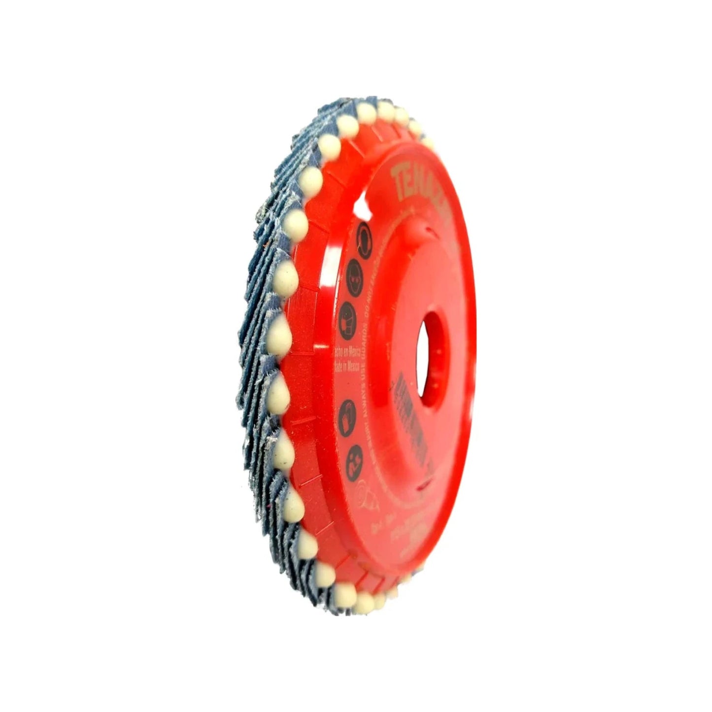 Flap disc laminado TENAX rojo con láminas abrasivas azules de 4 1/2 pulgadas para lijado y desbaste.