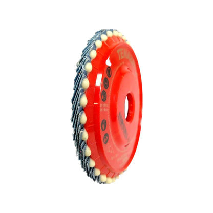Flap disc laminado TENAX rojo con láminas abrasivas azules de 4 1/2 pulgadas para lijado y desbaste.