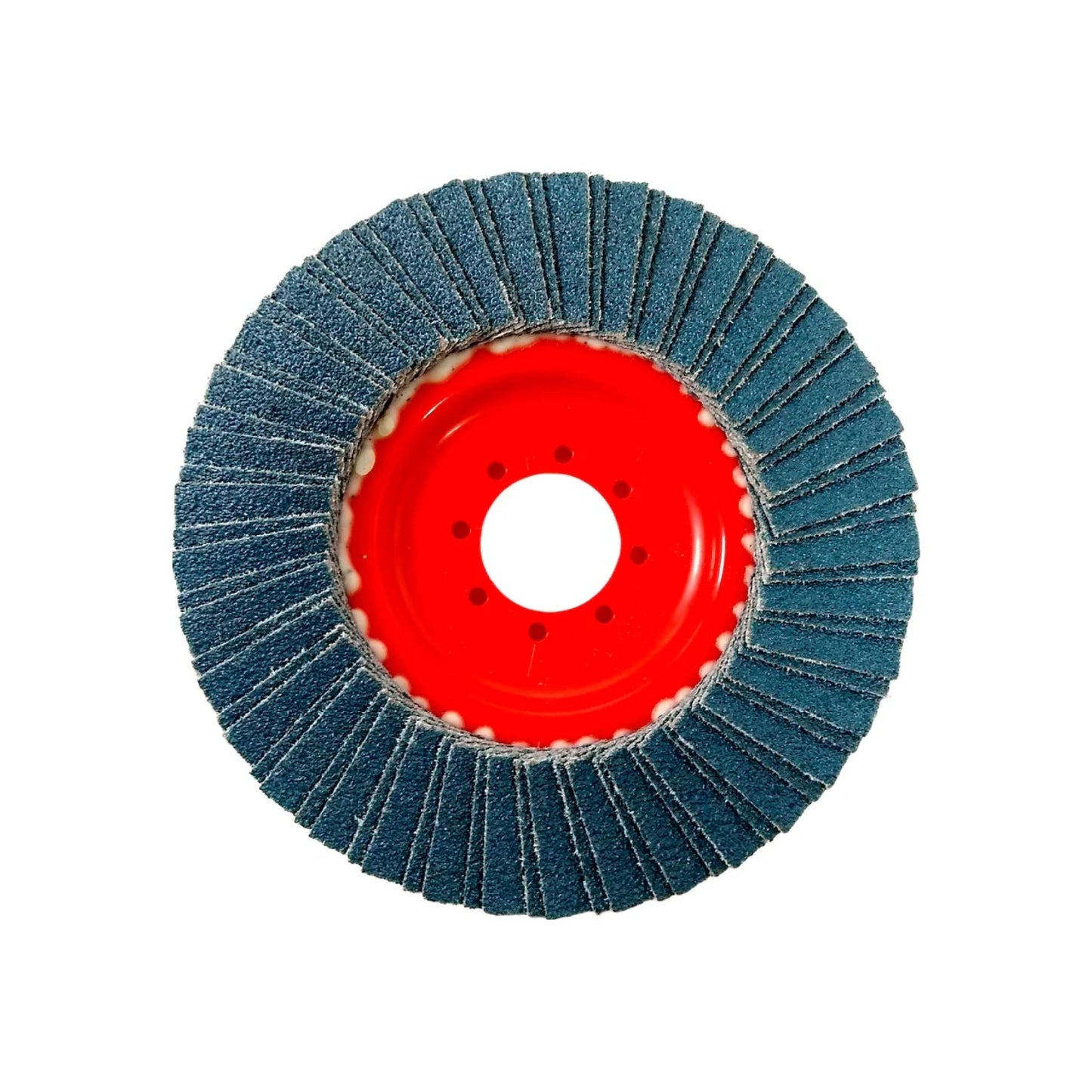 Disco de desbaste laminado azul, grano 60, para esmeriladora angular, con centro rojo.