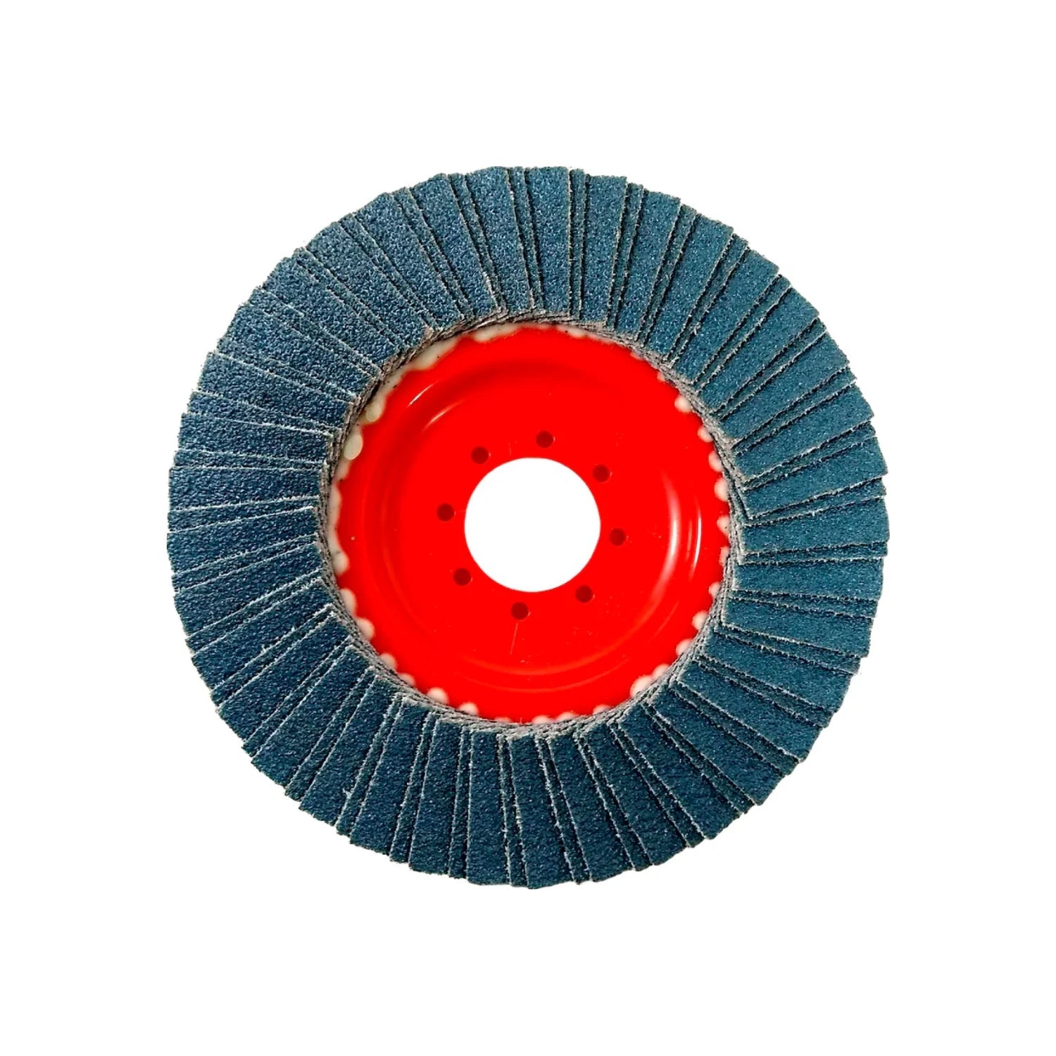 Disco de desbaste laminado azul, grano 60, para esmeriladora angular, con centro rojo.