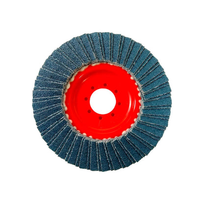 Disco de desbaste laminado azul, grano 60, para esmeriladora angular, con centro rojo.