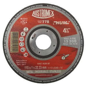 Elaborado con óxido de aluminio.,Corte metal e inoxidable.,Diámetro: 4 1/2"(114 mm).,Eje: 7/8"(22.23 mm).,Espesor: 3/64"(1 mm).,Tipo 41,Velocidad 13300 RPM,Disco de alto rendimiento.,Para corte rápido de acero inoxidable con un mínimo de rebaba.,Usar guantes y lentes de protección al momento de su uso.