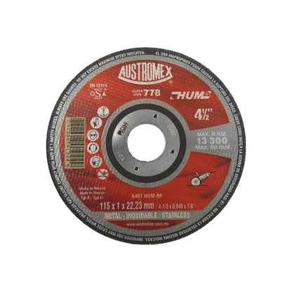 Elaborado con óxido de aluminio.,Corte metal e inoxidable.,Diámetro: 4 1/2"(114 mm).,Eje: 7/8"(22.23 mm).,Espesor: 3/64"(1 mm).,Tipo 41,Velocidad 13300 RPM,Disco de alto rendimiento.,Para corte rápido de acero inoxidable con un mínimo de rebaba.,Usar guantes y lentes de protección al momento de su uso.