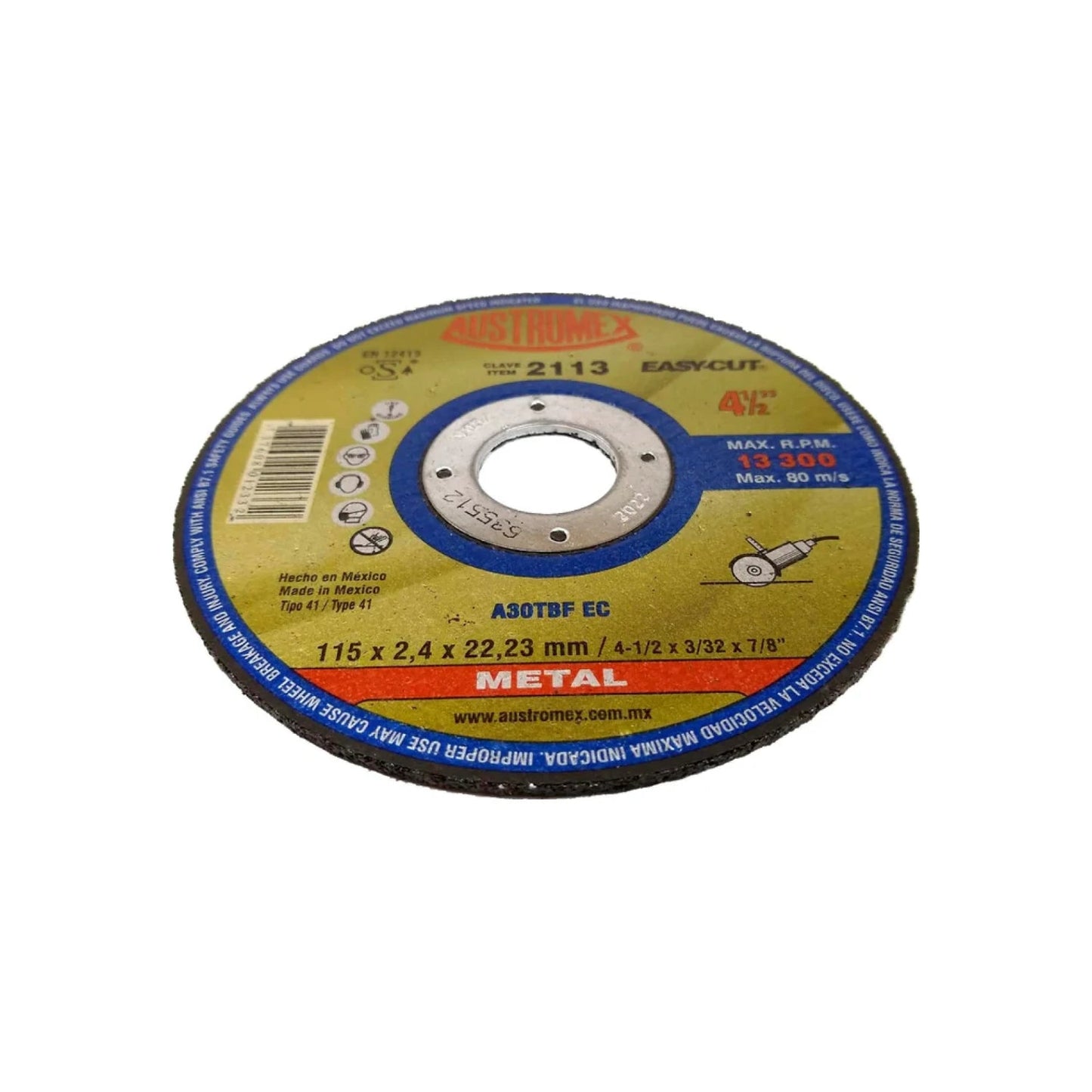 Disco de corte Austromex 4 1/2" para metal, clave 2113, 115x2.4mm, 13300 RPM