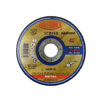 Elaborado con óxido de aluminio.,Corte metal.,Diámetro: 4 1/2"(114 mm).,Eje: 7/8"(22.23 mm).,Espesor: 3/32" (2.4 mm).,Tipo 41,Velocidad 13300 RPM,Utilice en una esmeriladora angular.,Para corte rápido de metal para un mínimo de rebaba.,Usar guantes y lentes de protección al momento de su uso.