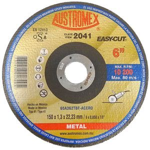 Elaborado con óxido de aluminio.,Corte metal.,Diámetro: 6"(150 mm).,Eje: 7/8"(22.23 mm).,Espesor: 1.3 mm,Tipo 41,Velocidad 10200 RPM,Utilice en una esmeriladora angular.,Nunca utilizar el disco mojado.,Usar guantes y lentes de protección al momento de su uso. 