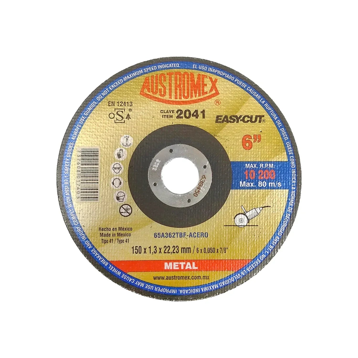 Elaborado con óxido de aluminio.,Corte metal.,Diámetro: 6"(150 mm).,Eje: 7/8"(22.23 mm).,Espesor: 1.3 mm,Tipo 41,Velocidad 10200 RPM,Utilice en una esmeriladora angular.,Nunca utilizar el disco mojado.,Usar guantes y lentes de protección al momento de su uso. 