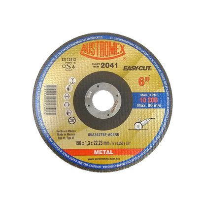 Elaborado con óxido de aluminio.,Corte metal.,Diámetro: 6"(150 mm).,Eje: 7/8"(22.23 mm).,Espesor: 1.3 mm,Tipo 41,Velocidad 10200 RPM,Utilice en una esmeriladora angular.,Nunca utilizar el disco mojado.,Usar guantes y lentes de protección al momento de su uso. 