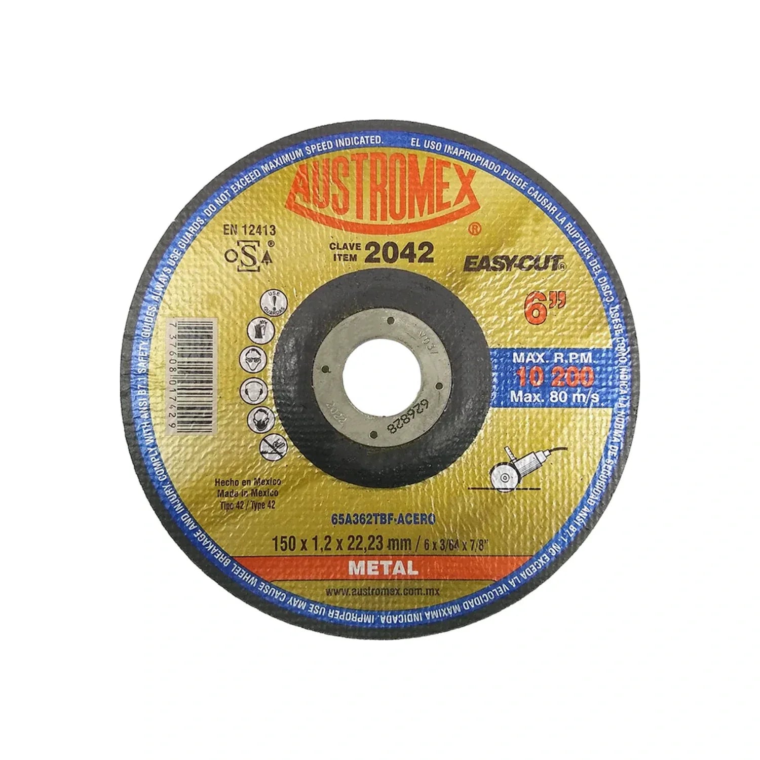 Elaborado con óxido de aluminio.,Corte metal,Diámetro: 6"(150 mm).,Eje: 7/8"(22.23 mm).,Espesor: 1.3 mm,Tipo 42,Velocidad 10200 RPM,Para corte en aleaciones ferrosas.,Se requiere adaptador para el correcto montaje de disco para centro deprimido.,Usar guantes y lentes de protección al momento de su uso.