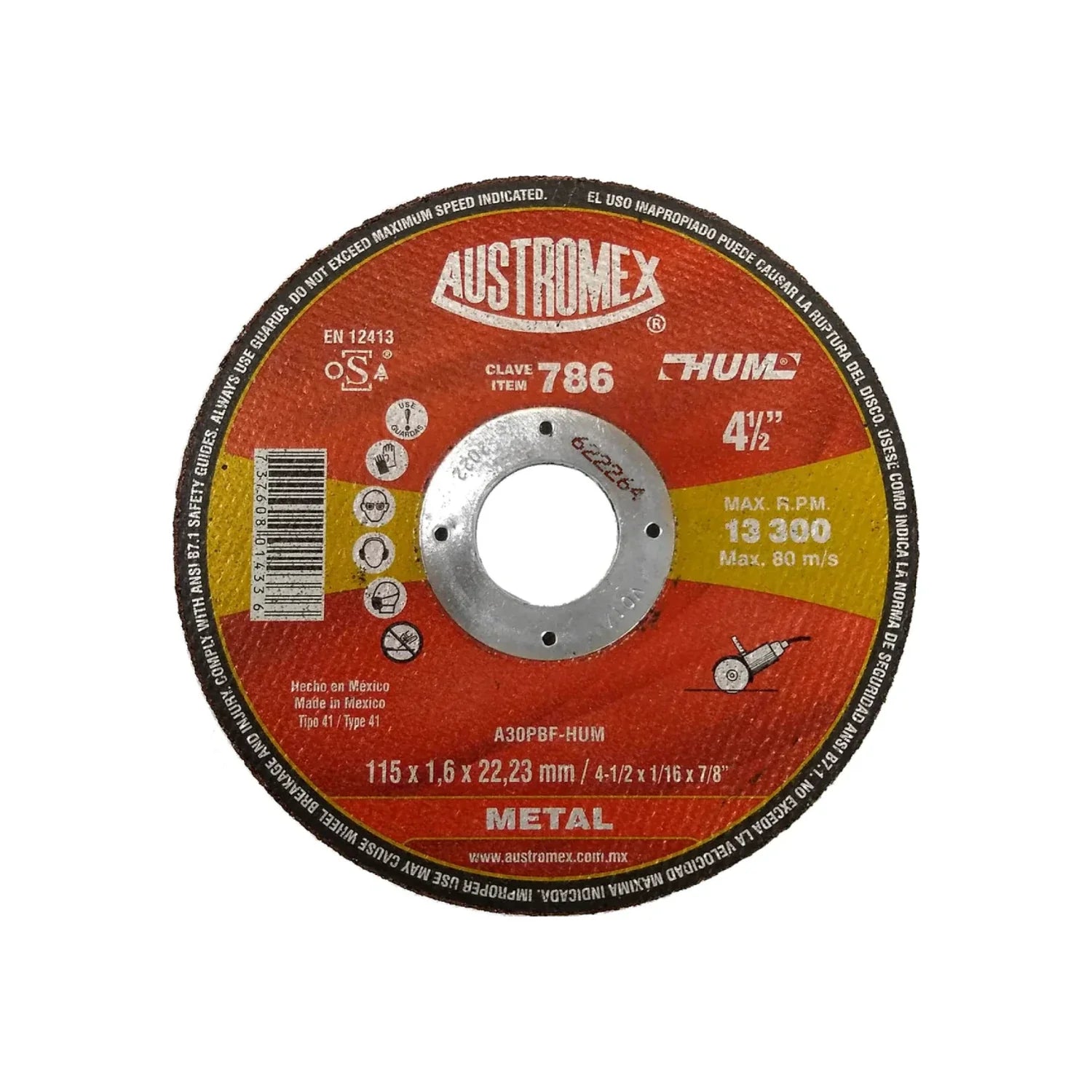Elaborado con óxido de aluminio.,Corte metal.,Diámetro: 4 1/2"(114 mm).,Eje: 7/8"(22.23 mm).,Espesor: 1/16"(1.6 mm).,Tipo 41,Velocidad 13300 RPM,Reforzado con malla central.,Usar guantes y lentes de protección al momento de su uso.