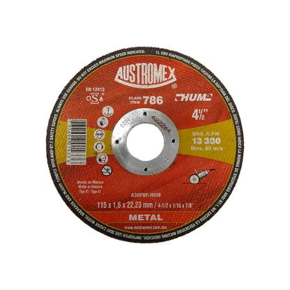 Elaborado con óxido de aluminio.,Corte metal.,Diámetro: 4 1/2"(114 mm).,Eje: 7/8"(22.23 mm).,Espesor: 1/16"(1.6 mm).,Tipo 41,Velocidad 13300 RPM,Reforzado con malla central.,Usar guantes y lentes de protección al momento de su uso.